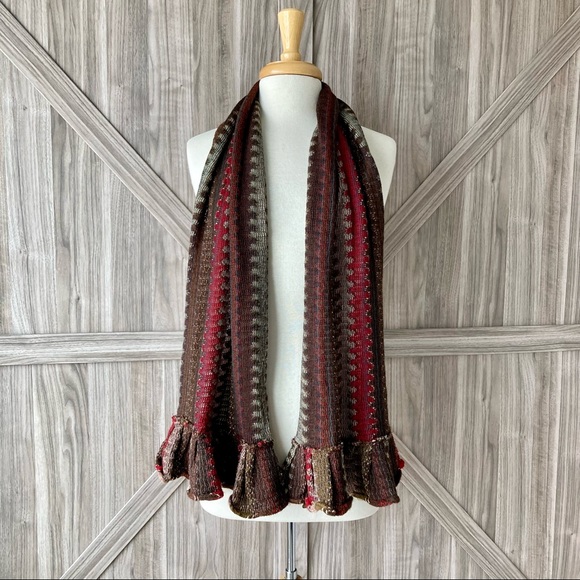 Ruffle Scarf Striped Shawl in Brown, Red, and Ivory - Picture 5 of 8
